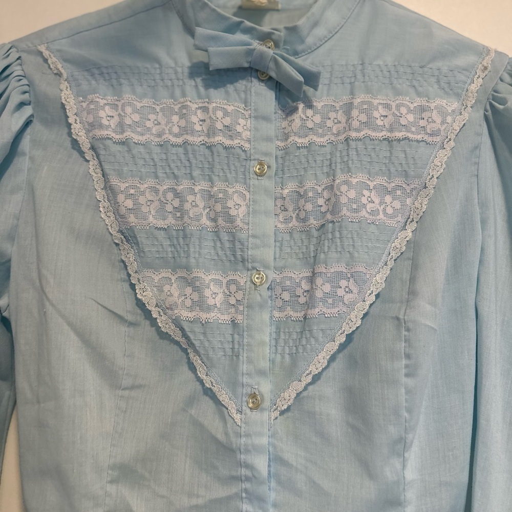 VTG 70s Blue Prairie Victorian Cottagecore Lace Bow Collar Blouse Puff sleeve - Picture 8 of 15